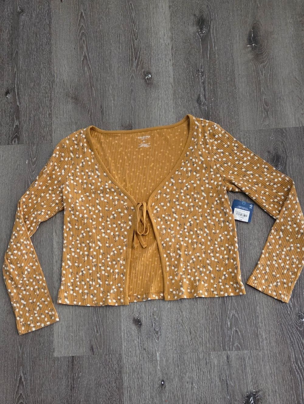 NEW Arizona Jean Co. Mustard Floral Tie-Front Ribbed Top - X-Large